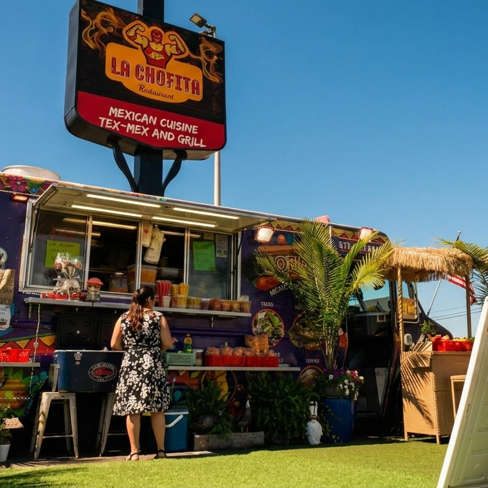A woman stands at the counter of a colorful La Chofita Mexican food truck on a sunny day.