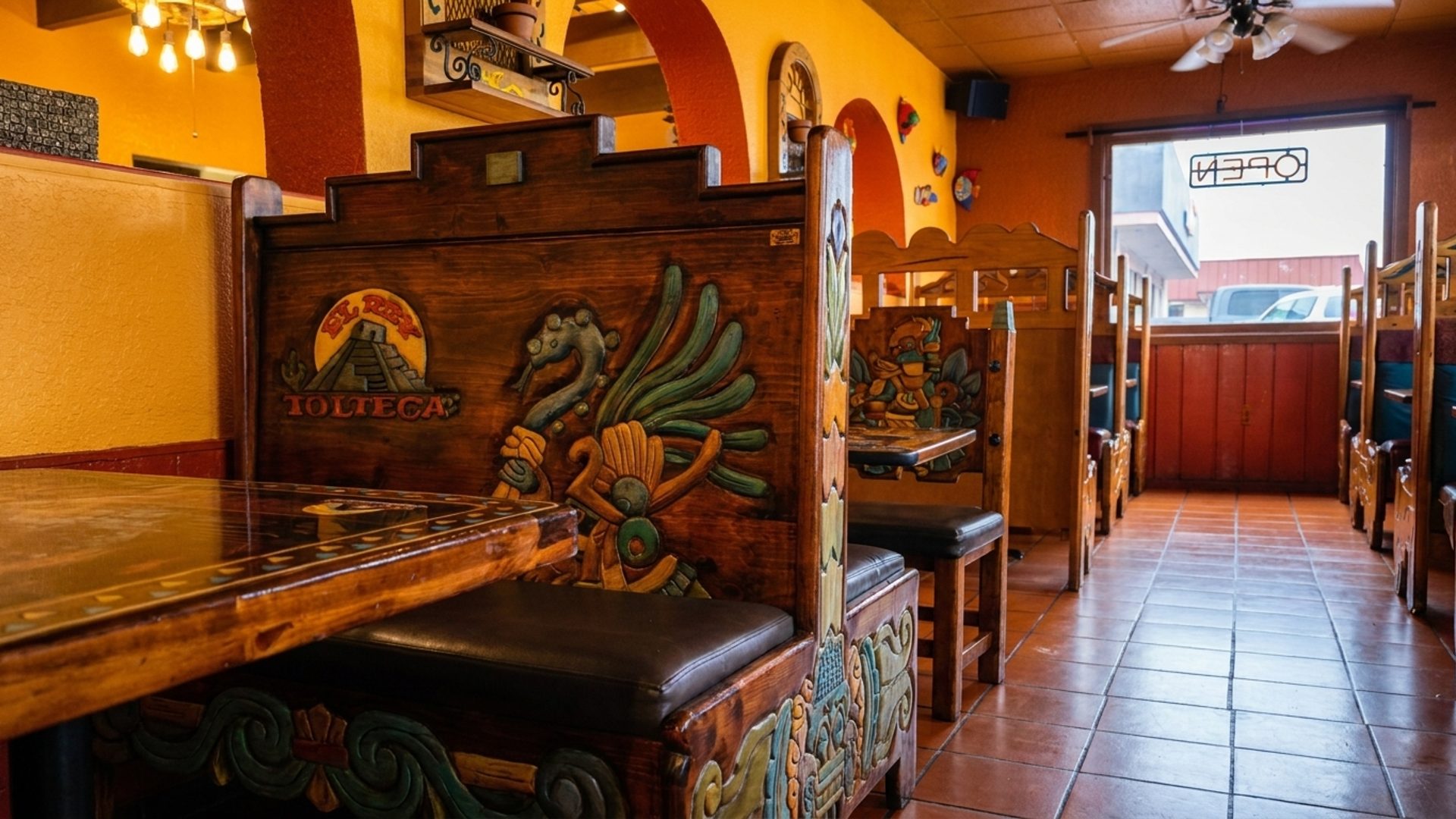 Wooden booths, warm lighting