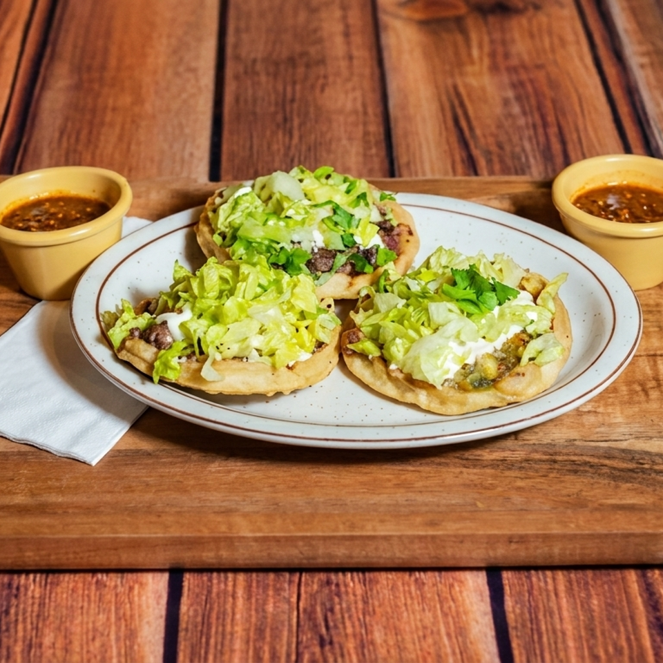 Three sopes topped with lettuce, cheese, and meat, served with two small bowls of salsa on a wooden tray.
