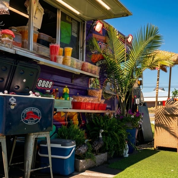 A vibrant purple food truck with snacks and drinks, surrounded by palm trees and outdoor seating.
