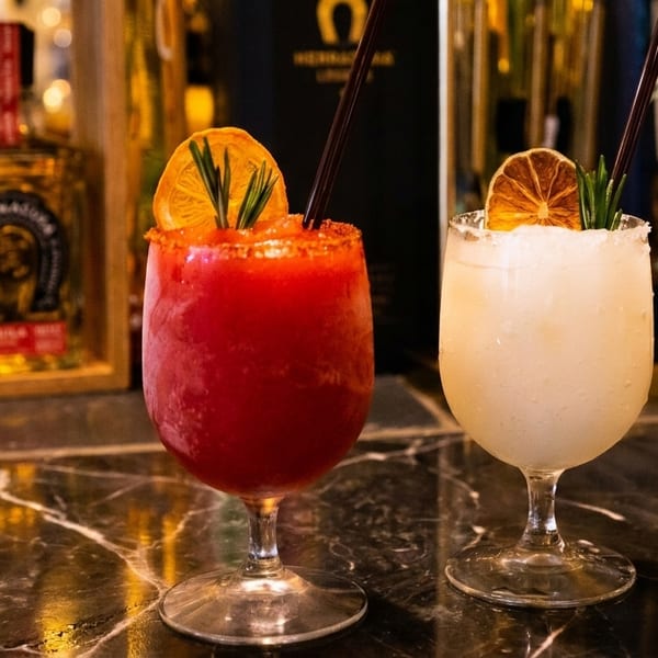 Two frozen margaritas, one red and one white, garnished with dried orange and rosemary on a bar.